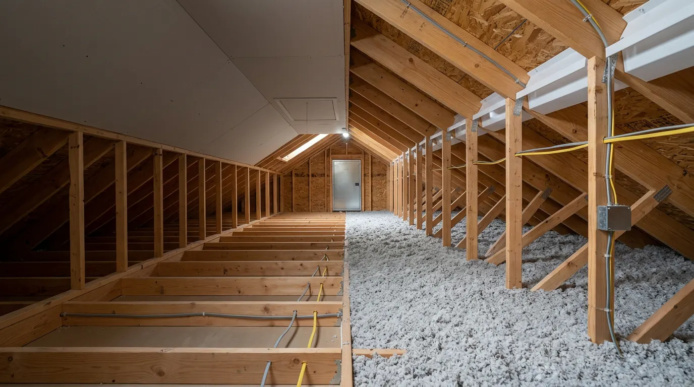 Freshly insulated attic in a Toronto-area home, with new blown-in insulation and exposed wood framing