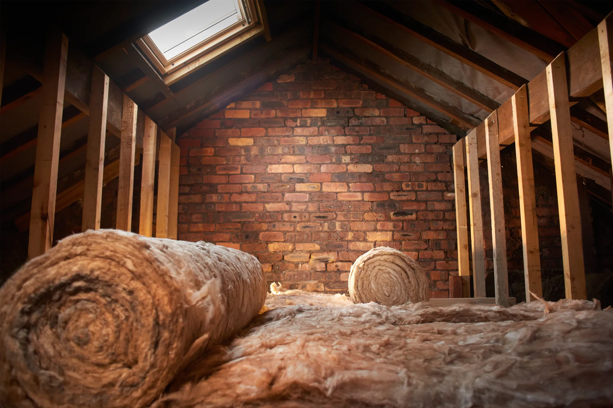 Attic under a skylight with rolls of insulation laid between the rafters